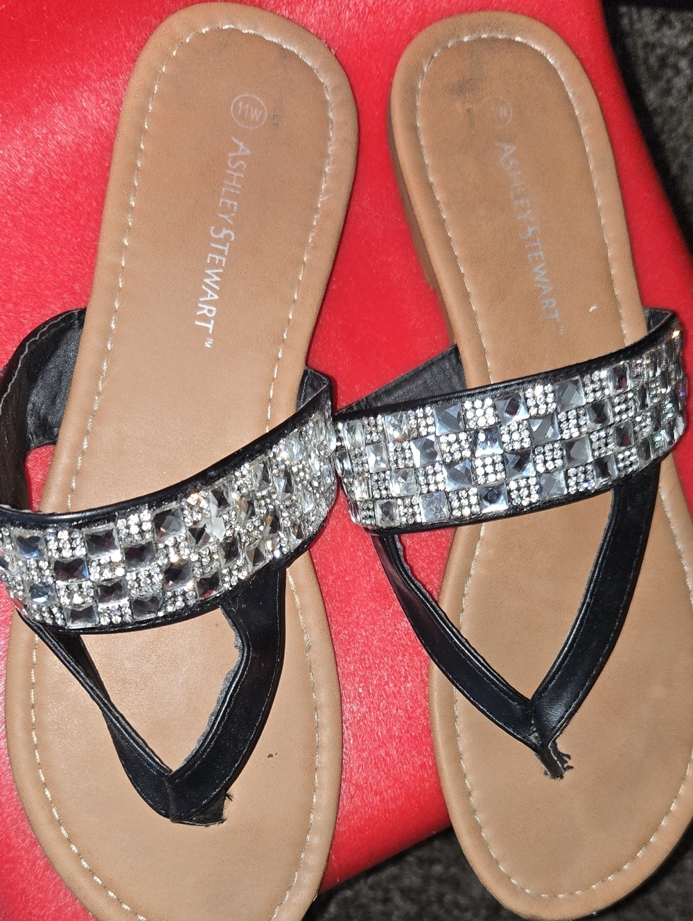 Ashley Stewart Black Jeweled Thong Sandals with Silver Accents